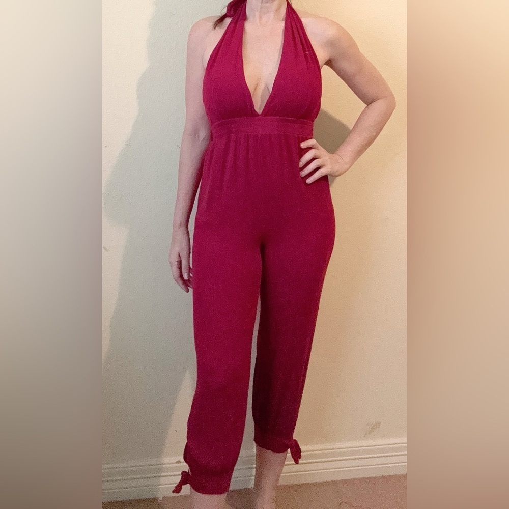 Lulus Red Halter Jumpsuit | Backless Tie Neck | Size M